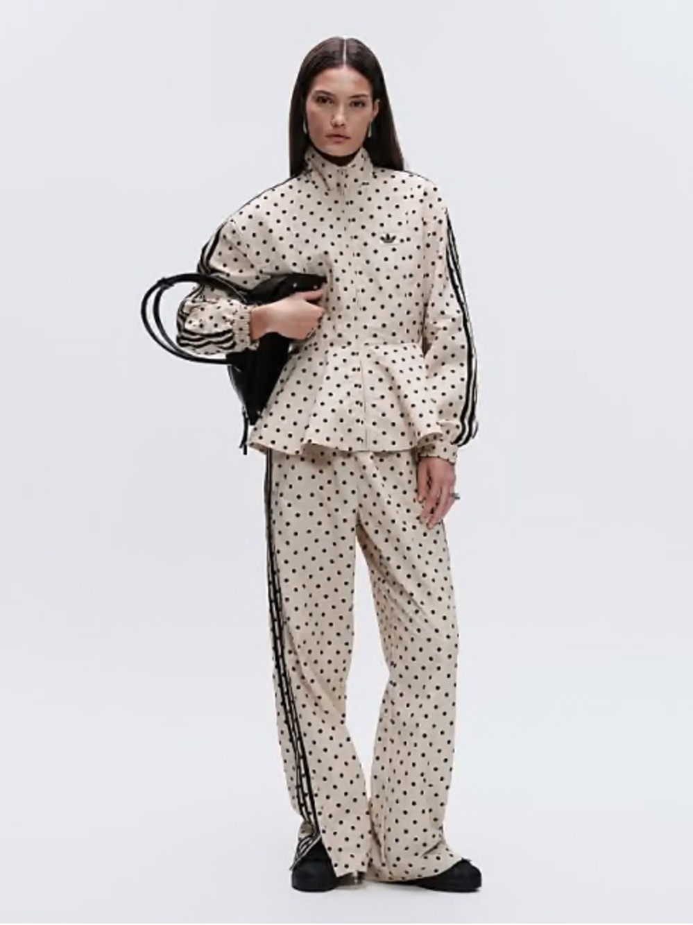 adidas Cream and Black Polka Dot Wide Leg Track Pants and Peplum Jacket Set